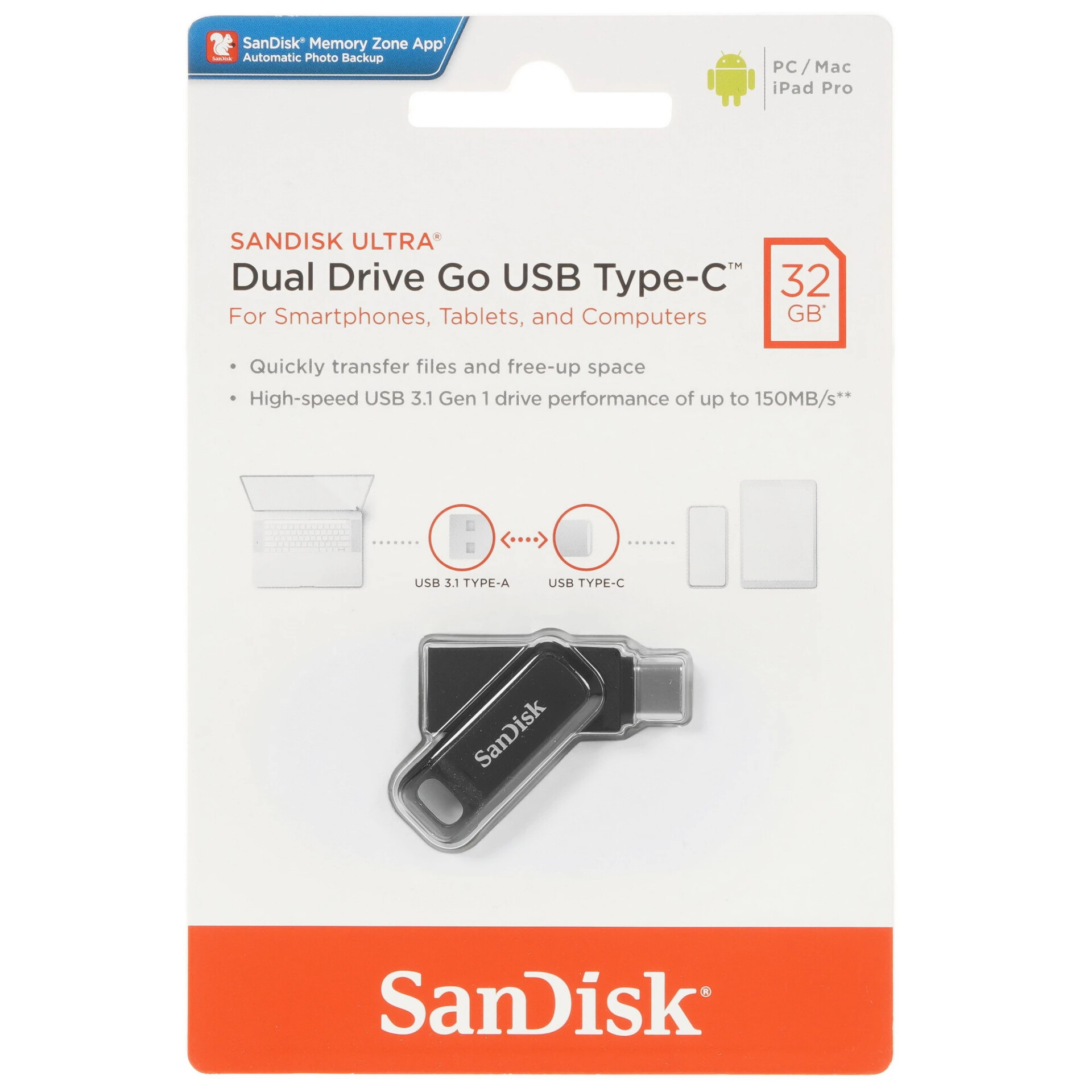 Память OTG USB Flash 32 ГБ SanDisk Ultra Dual Drive Go [SDDDC3-032G-G46]