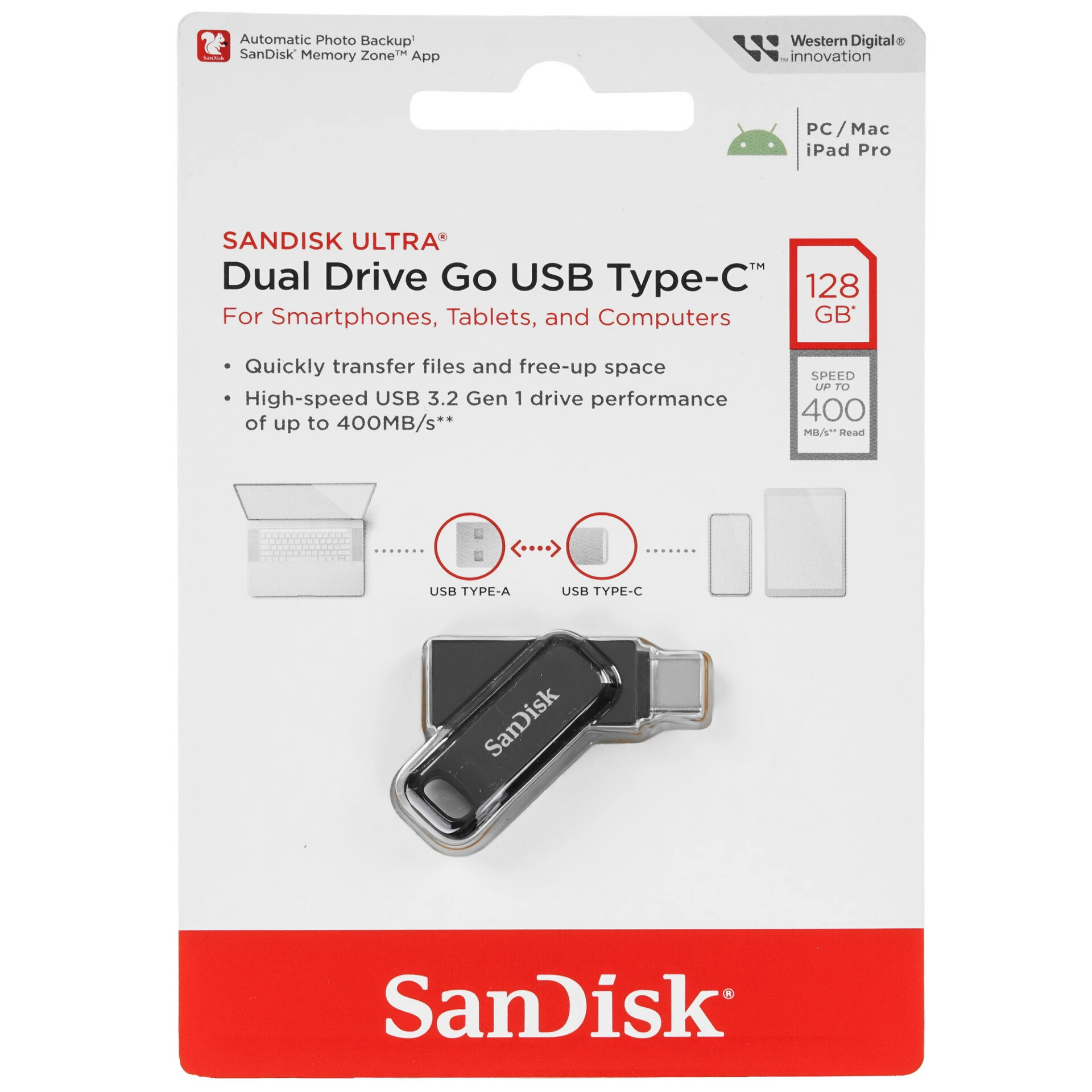 Память OTG USB Flash 128 ГБ SanDisk Ultra Dual Drive Go [SDDDC3-128G-G46]
