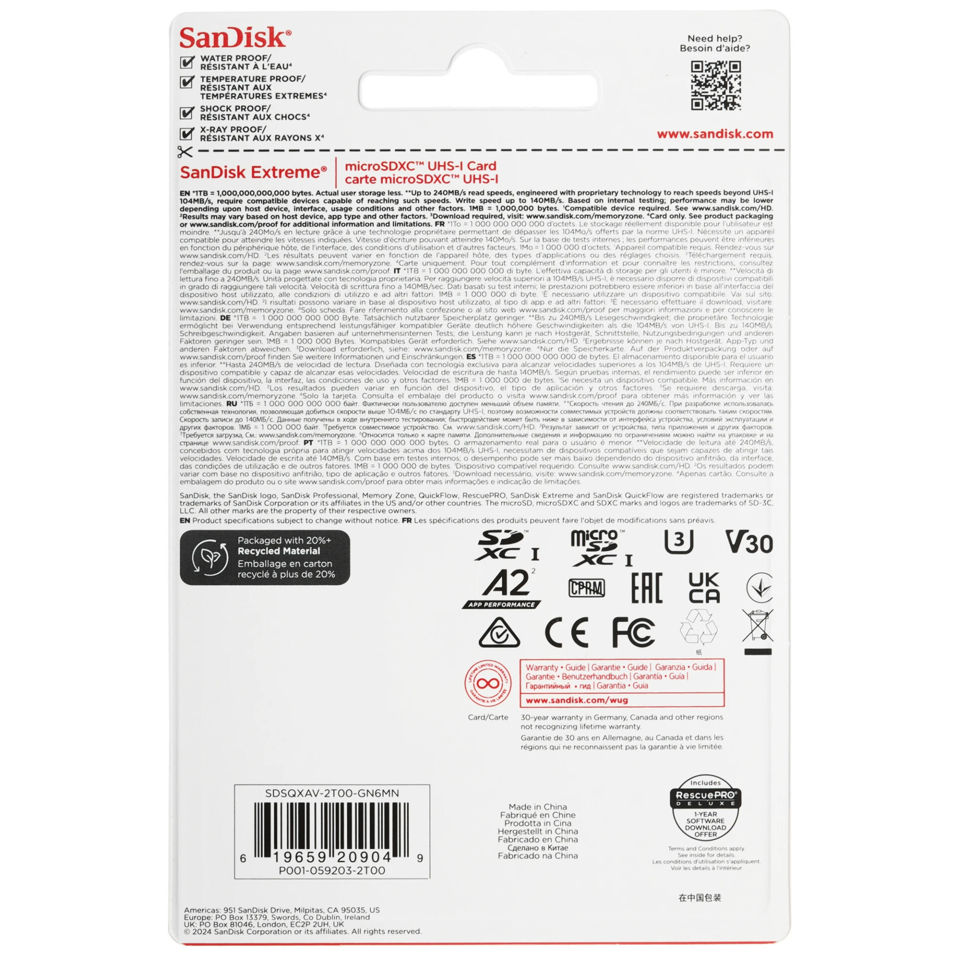 Карта памяти SanDisk Extreme microSDXC 2000 ГБ [SDSQXAV-2T00-GN6MN]