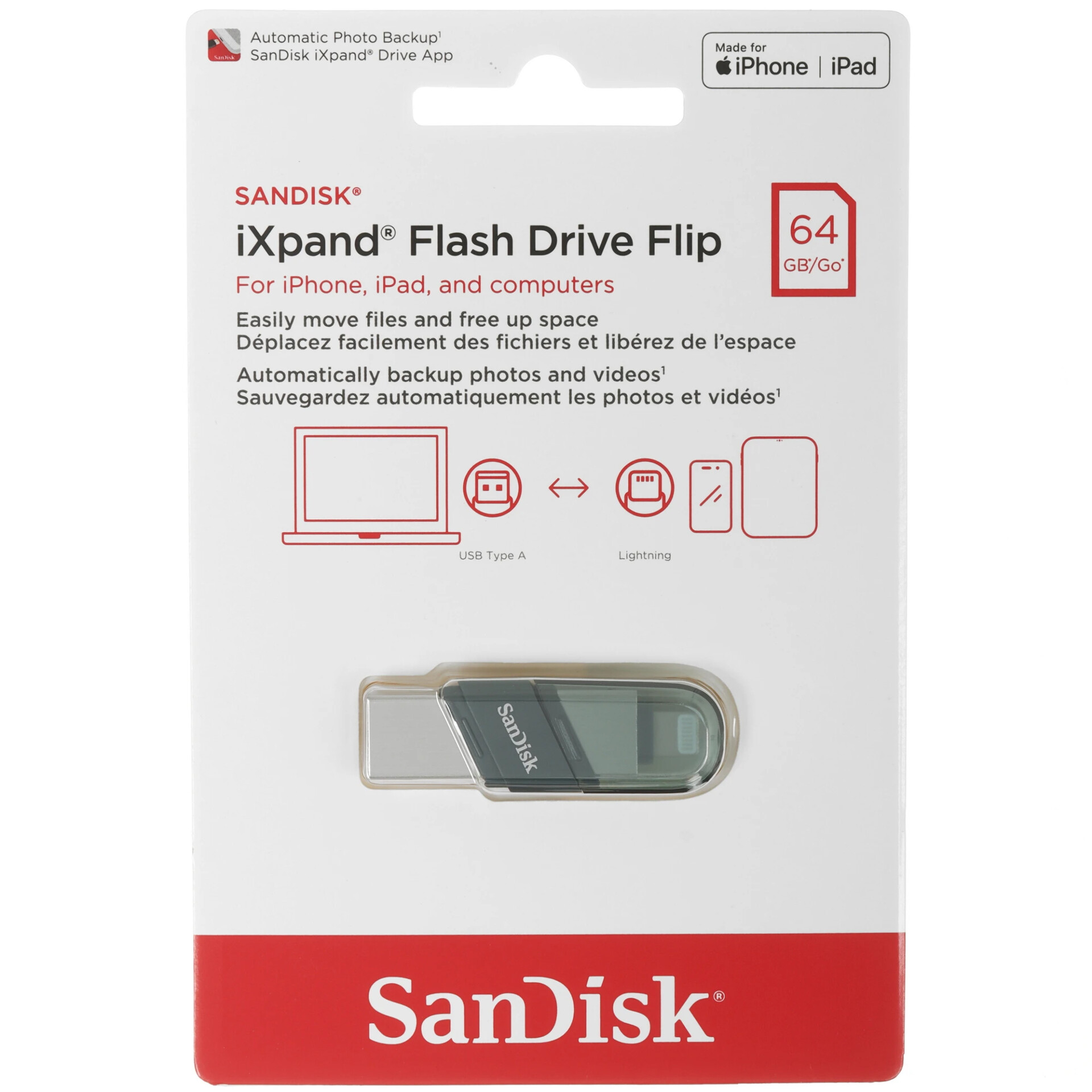 Память OTG USB Flash 64 ГБ SanDisk iXpand Flip [SDIX90N-256G-GN6NE]