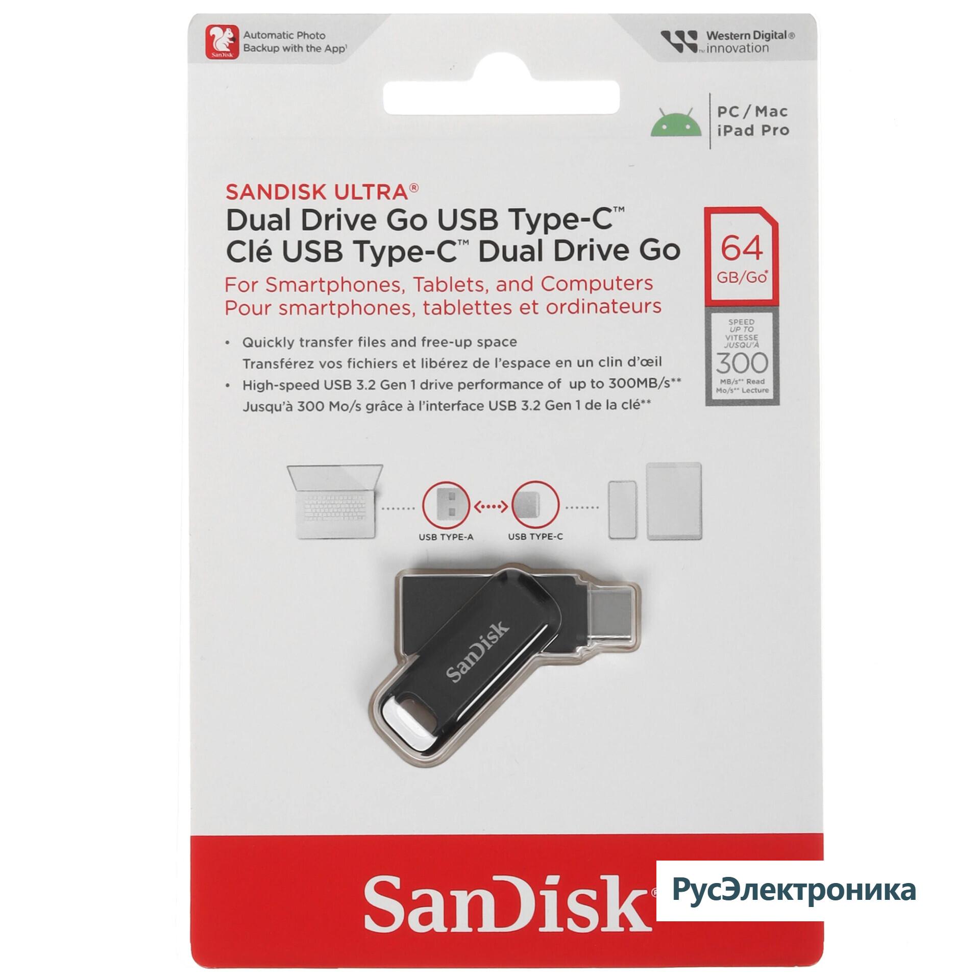 Память OTG USB Flash 64 ГБ SanDisk Ultra Dual Drive Go [SDDDC3-064G-G46]