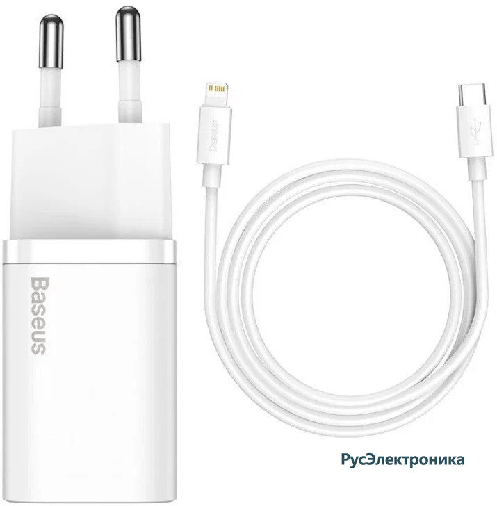 Блок питание + кабель Baseus Super Si Quick Charger 1C 20W EU Sets White With Superior Series Fast Charging Data Cable Type-C to iP PD 20W 1m, белый