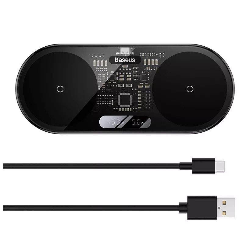 Беспроводное зарядное устройство Baseus Digital LED Display 2in1 Wireless Charger 20W Black Universal version Include USB For type-C 3A 1m, чёрный