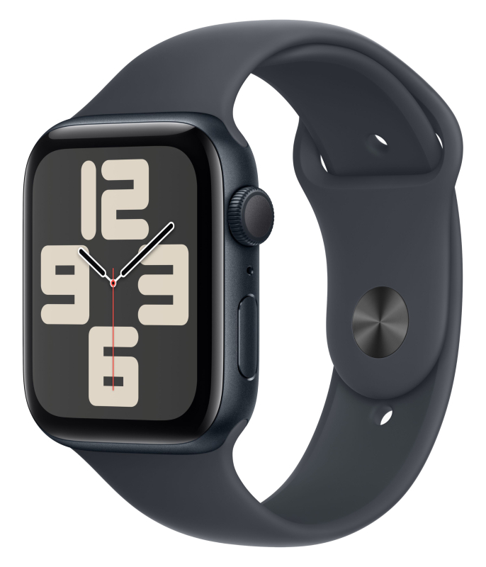 Часы Apple Watch SE (2024), 44 мм, корпус из алюминия цвета «Midnight», ремешок Sport Band цвета «Midnight», чёрный