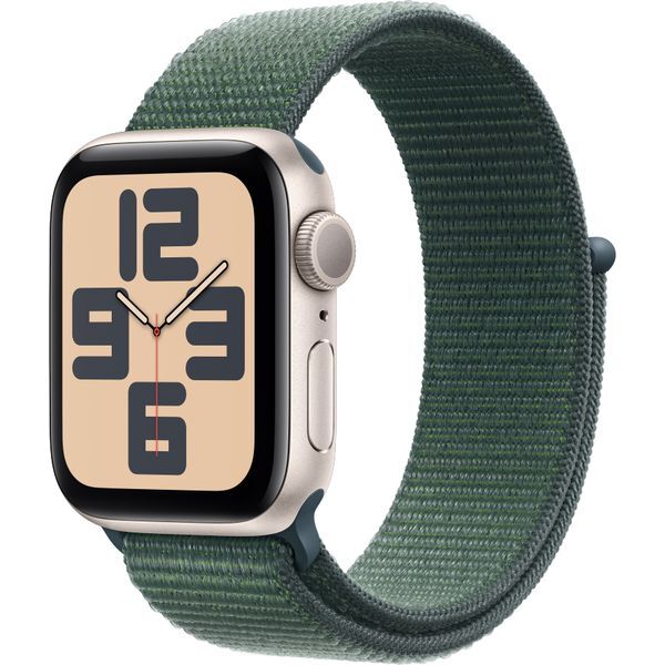 Часы Apple Watch SE (2024), 40 мм, корпус из алюминия цвета «Starlight», ремешок Sport Loop цвета «Lake Green», зелёный