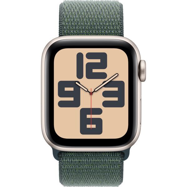 Часы Apple Watch SE (2024), 40 мм, корпус из алюминия цвета «Starlight», ремешок Sport Loop цвета «Lake Green», зелёный