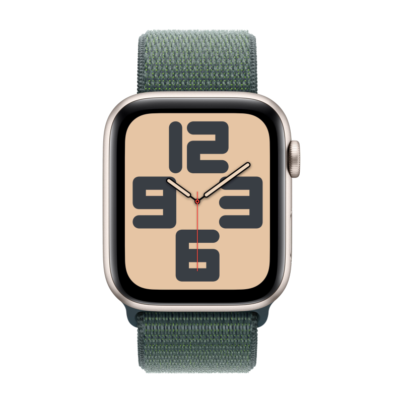 Часы Apple Watch SE (2024), 44 мм, корпус из алюминия цвета «Starlight», ремешок Sport Loop цвета «Lake Green», зелёный