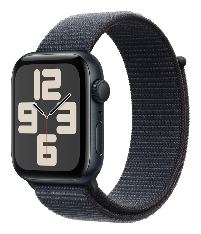 Часы Apple Watch SE (2024), 44 мм, корпус из алюминия цвета «Midnight», ремешок Sport Loop цвета «Midnight», чёрный