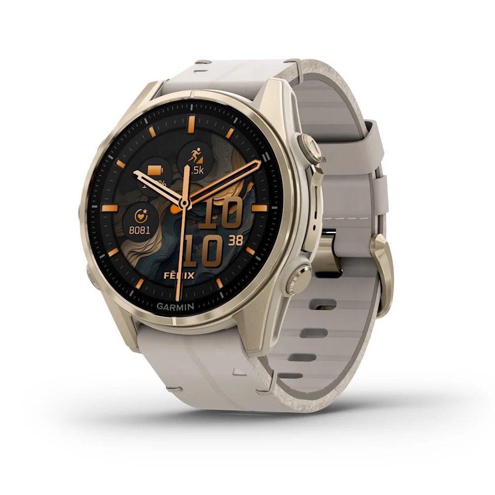 Умные часы Garmin FENIX 8 (010-02903-40) 43 мм Amoled Sapphire Soft Gold Stainless Steel Fog Gray Leather Band+Fog Gray/Dark Sandstone