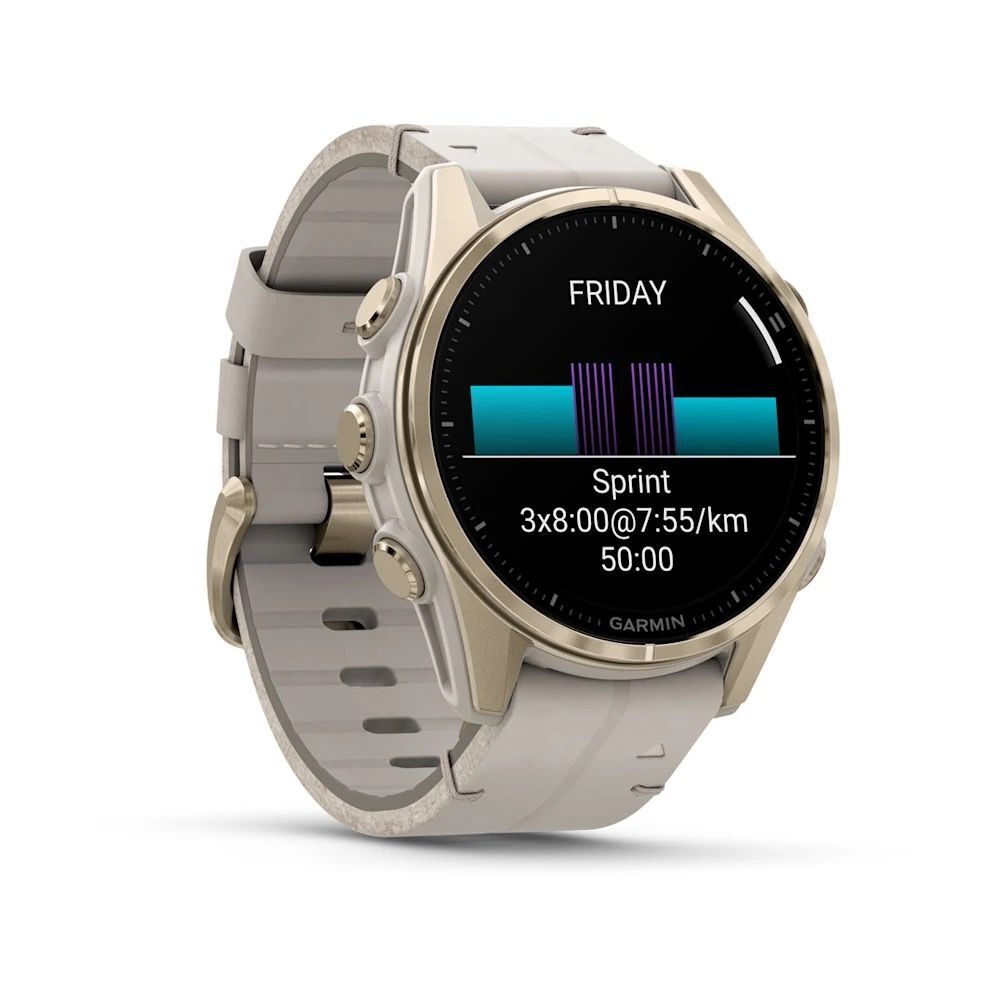 Умные часы Garmin FENIX 8 (010-02903-40) 43 мм Amoled Sapphire Soft Gold Stainless Steel Fog Gray Leather Band+Fog Gray/Dark Sandstone