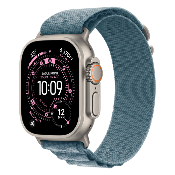 Часы Apple Watch Ultra 3 (2025), 49 мм, корпус из титана цвета «Natural», ремешок Alpine Loop цвета «Light Blue», голубой