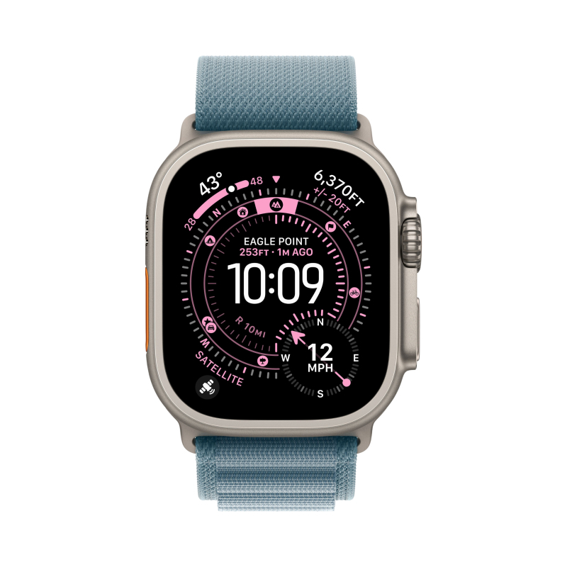 Часы Apple Watch Ultra 3 (2025), 49 мм, корпус из титана цвета «Natural», ремешок Alpine Loop цвета «Light Blue», голубой