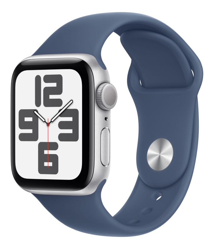 Часы Apple Watch SE (2024), 40 мм, корпус из алюминия цвета «Silver», ремешок Sport Band цвета «Denim», синий