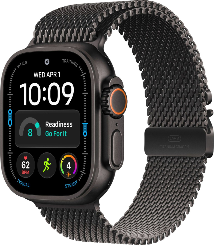 Часы Apple Watch Ultra 4 (2026), 49 мм, корпус из титана цвета «Black», ремешок Titanium Milanese Loop цвета «Black», чёрный