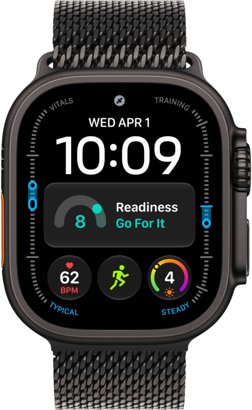 Часы Apple Watch Ultra 4 (2026), 49 мм, корпус из титана цвета «Black», ремешок Titanium Milanese Loop цвета «Black», чёрный