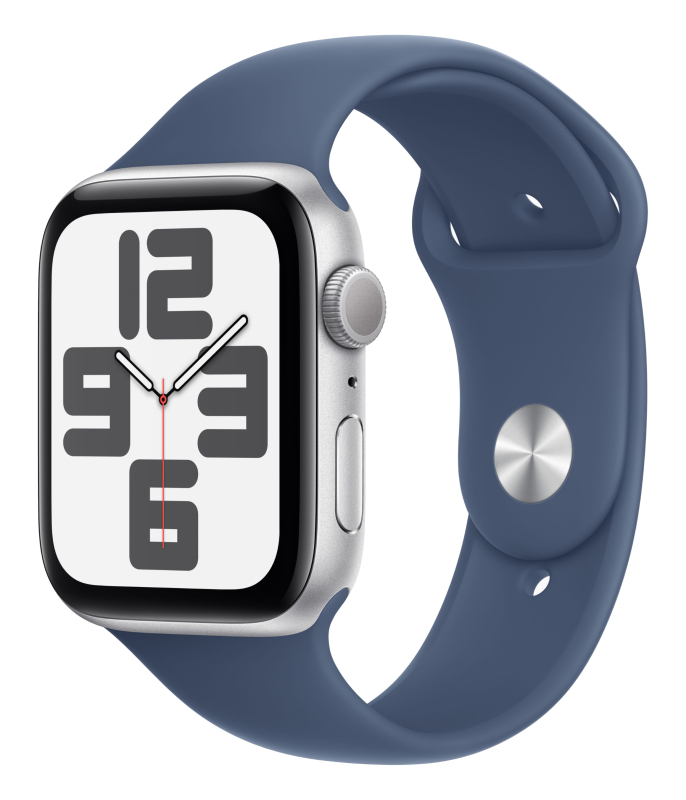Часы Apple Watch SE (2024), 44 мм, корпус из алюминия цвета «Silver», ремешок Sport Band цвета «Denim», синий